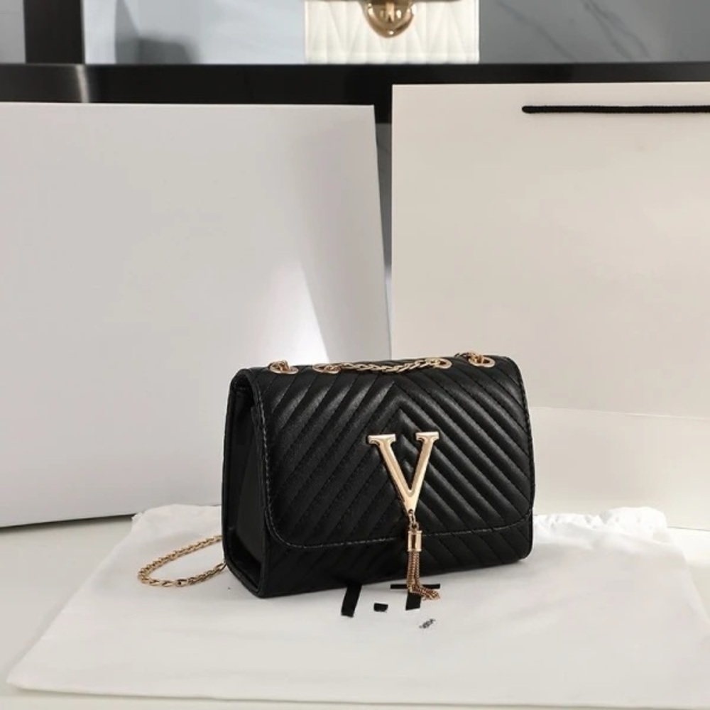 Black and Gold Quilted Crossbody Bag with Chain Strap